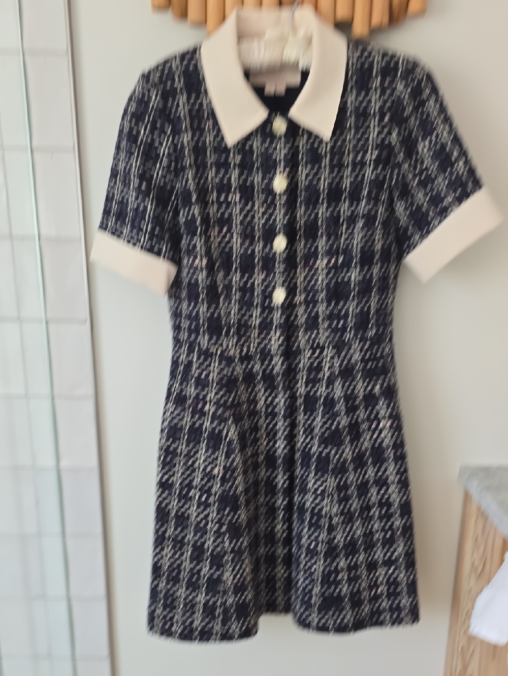 Gal Meets Glam Navy Tweed Dress with Ivory Trim